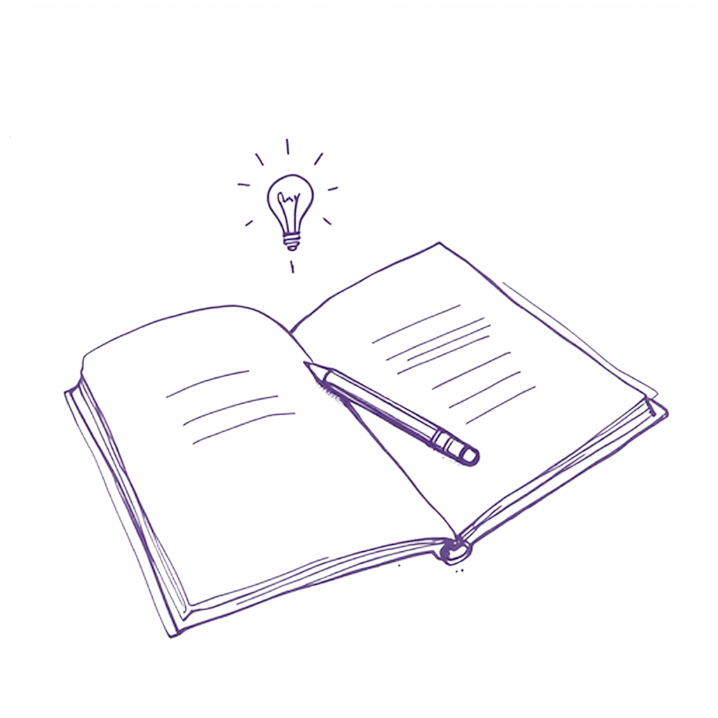 Open notebook with a pen and a lightbulb above it