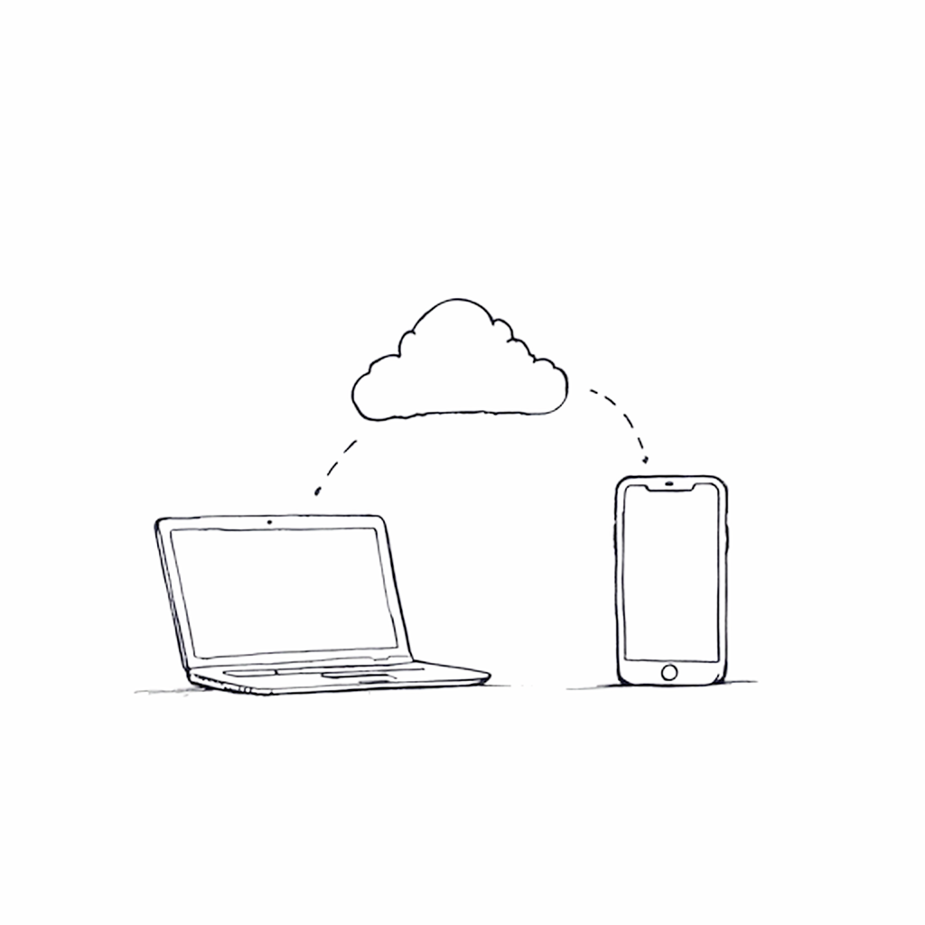 A laptop and phone connected by a soft arc through a cloud